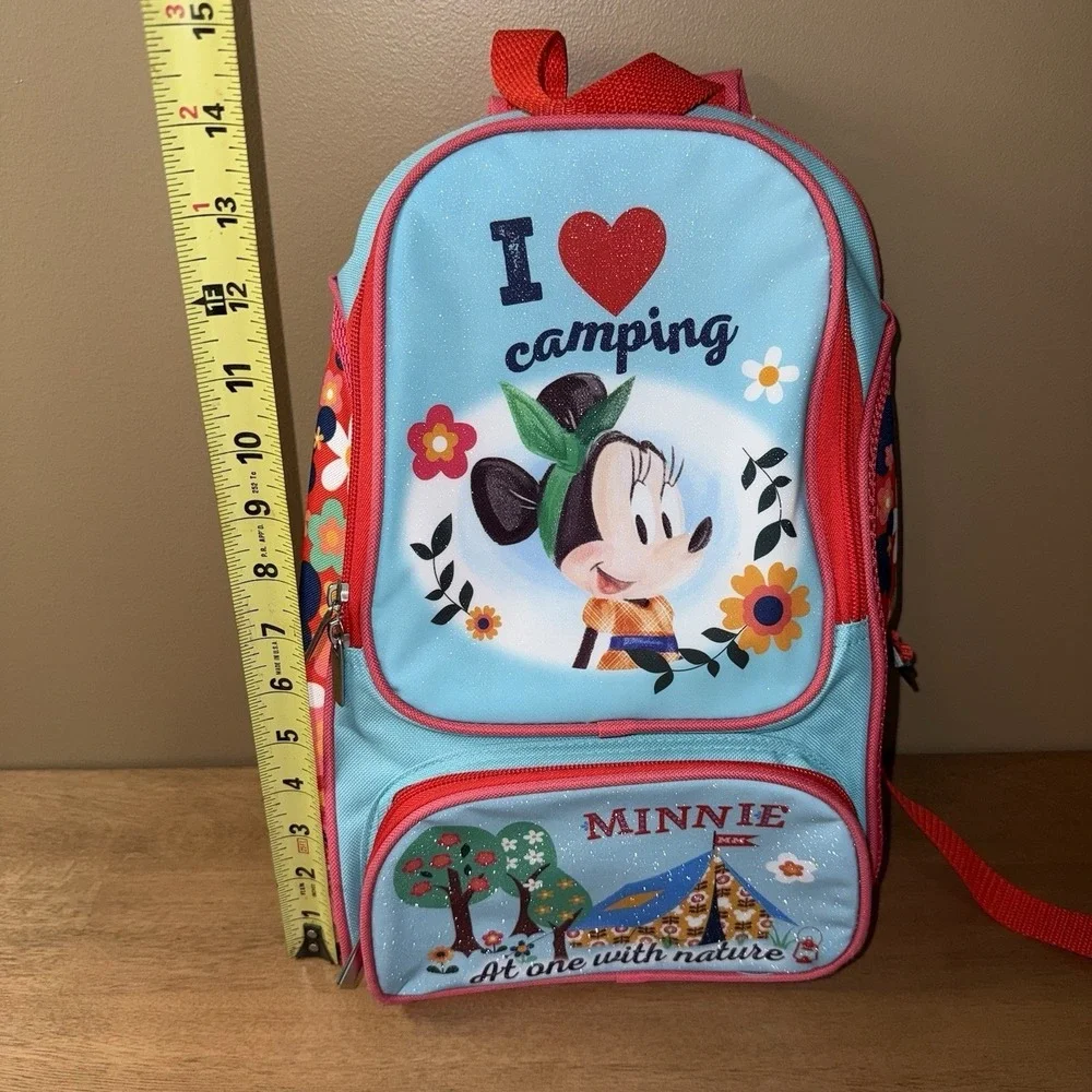 Disney Minnie Mouse I Love Camping Backpack Blue Pink Floral Kids School Bag